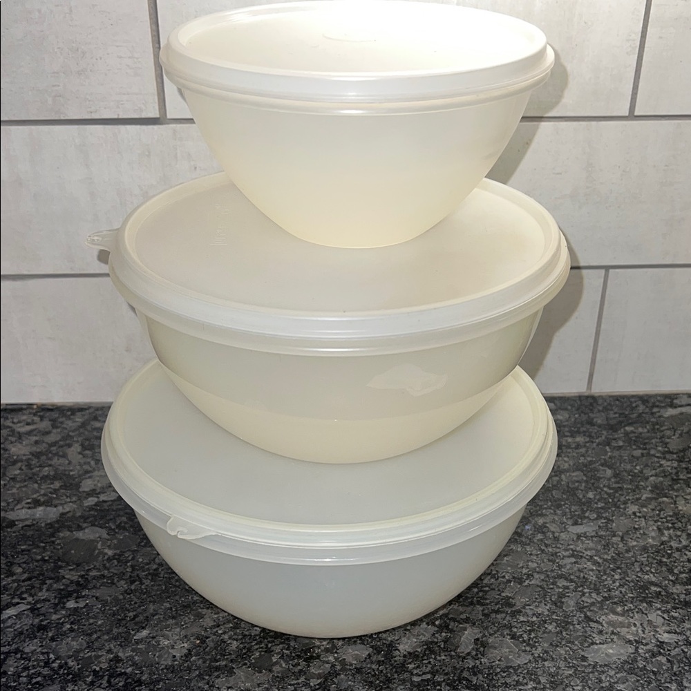 Wonderlier Bowls by Tupperware White Plastic Bowl Set of 3 Semi sheer. Good cond